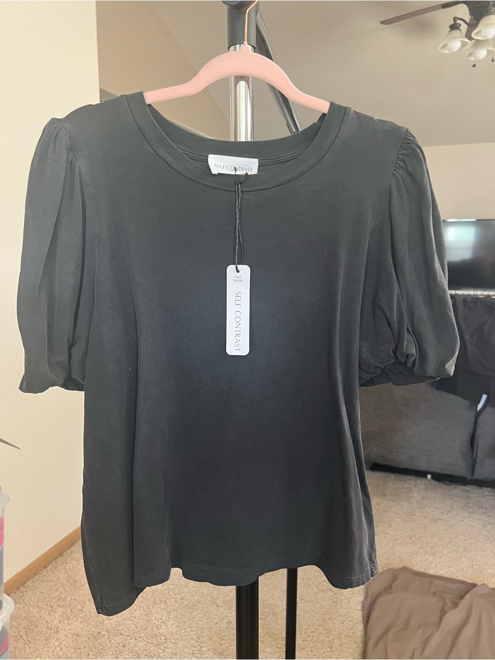 NWT Self Contrast Black Puff Sleeve Tee
